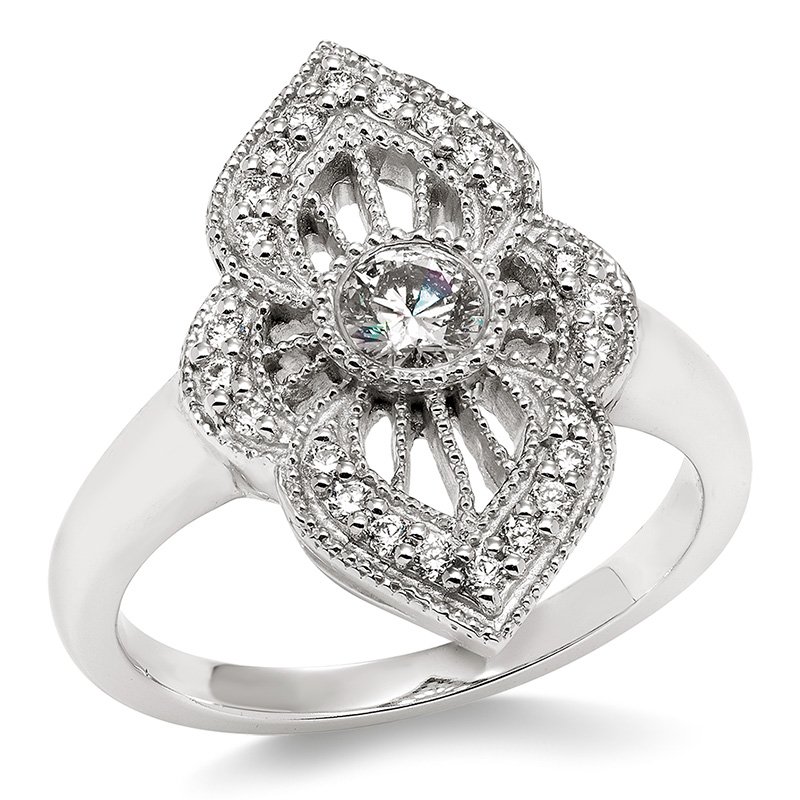 White gold, vintage-inspired diamond ring with bezel-set center