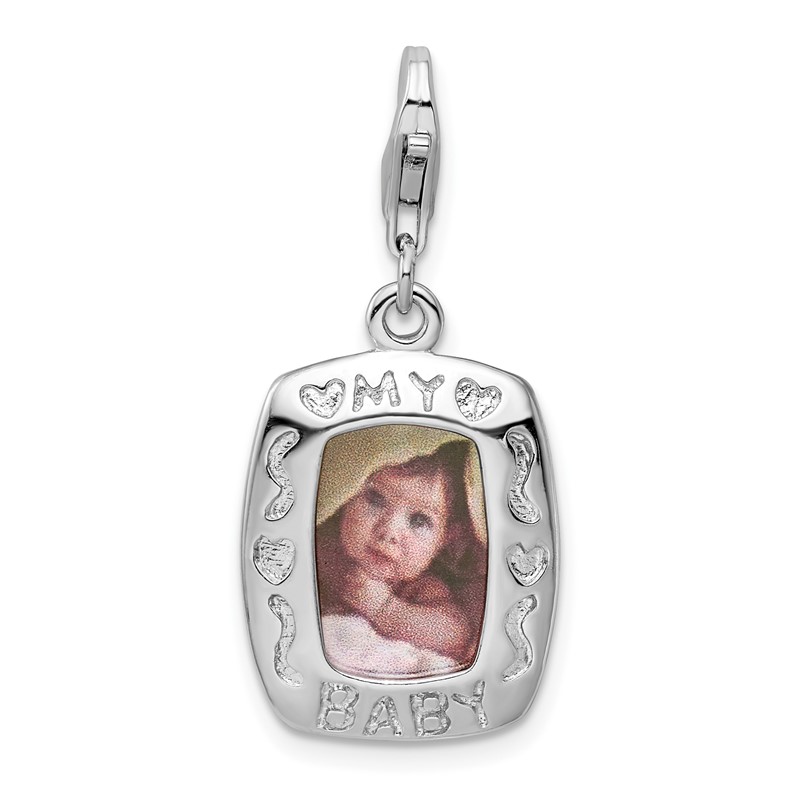 Rhodium-Plated Sterling Silver Enameled Baby Picture Frame w/Lobster Clasp Charm