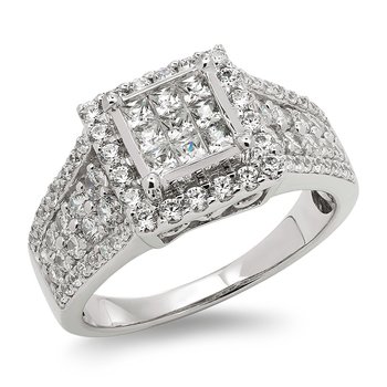 White gold, princess-shape diamond halo engagement ring