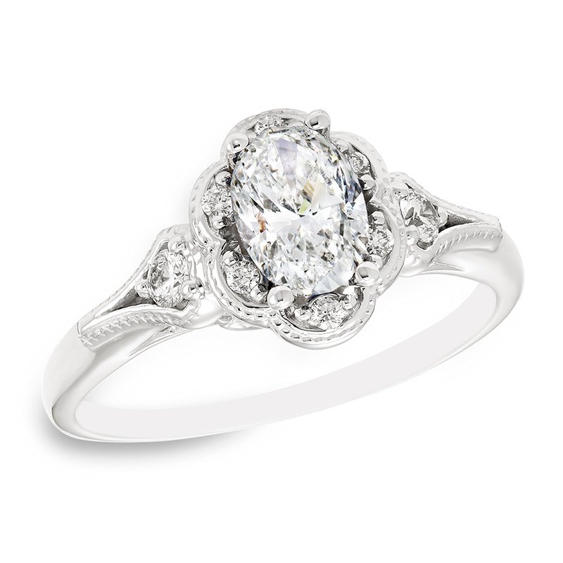 Beatrice white gold and vintage-inspired oval diamond engagement ring
