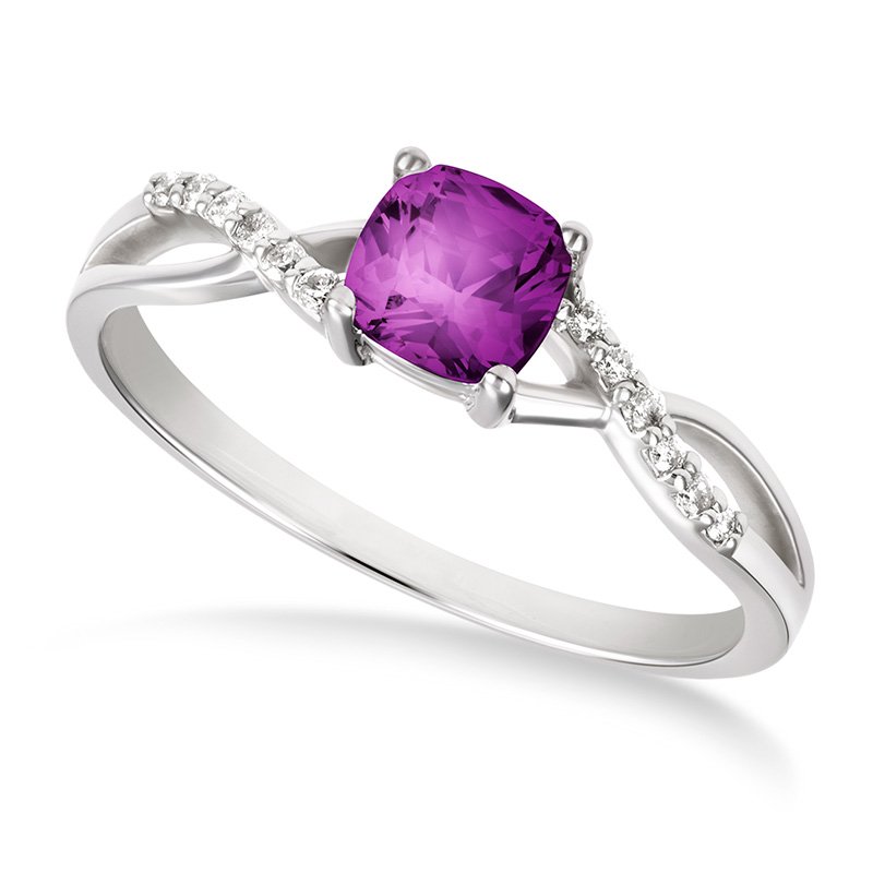 White gold, cushion-cut genuine amethyst and diamond ring with split shank