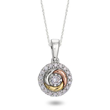 Tri-tone gold, round diamond halo pendant with diamond illusion center