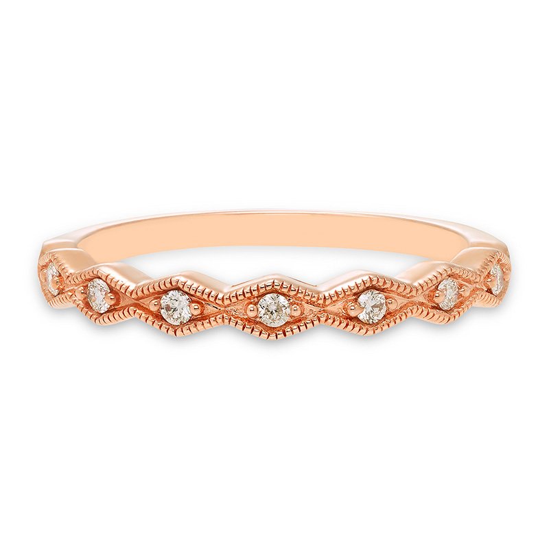 Rose gold band with a diamond-shaped pattern and round diamonds