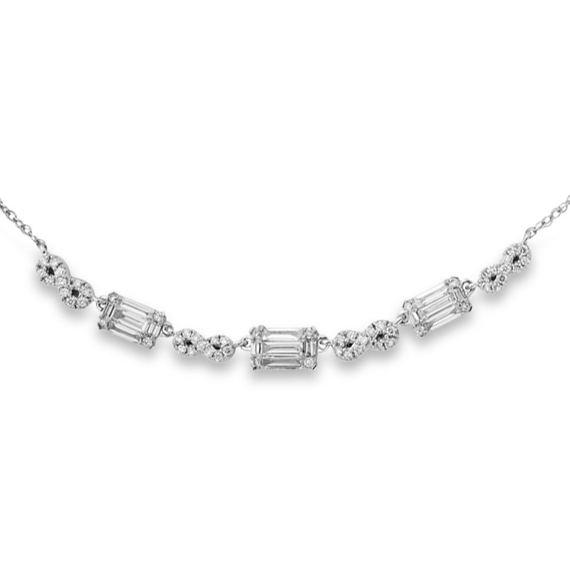 White gold, diamond baguette necklace with diamond infinity symbols