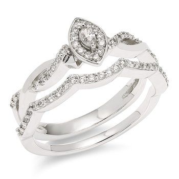White gold, marquise-cut diamond halo bridal set