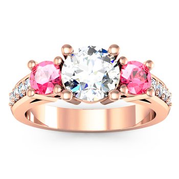 Three Stone Pink Sapphire Pave Set Diamond Ring