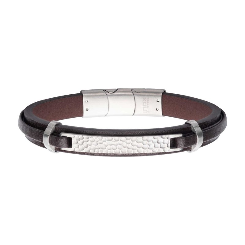 INOX Jewelry Brown Leather Strapped with Hammered ID Bracelet