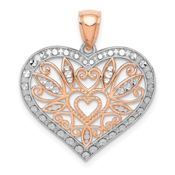 14K Rose w/White Rhodium Polished Fancy Heart Pendant