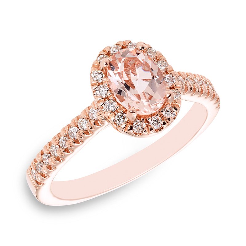 Rose gold, oval morganite and diamond halo ring