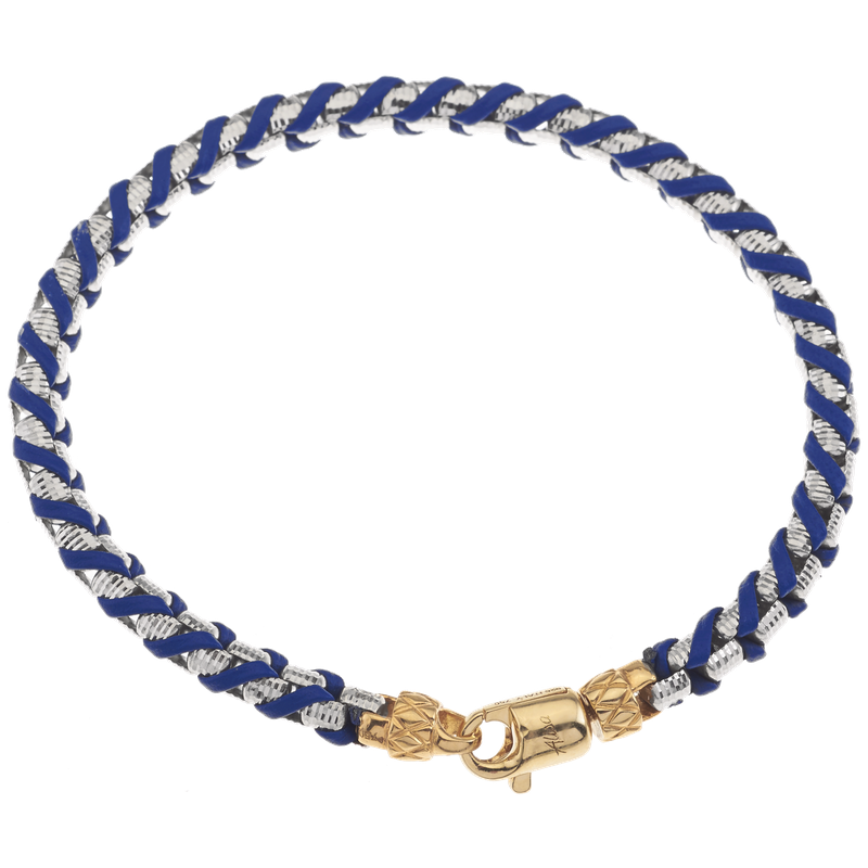 Alisa MB 3058 G BL 925 SS men's textured box bracelet woven with blue leather, 18K yellow gold lock & Traversa end caps, Rhodium Finish MB 3058 G BL