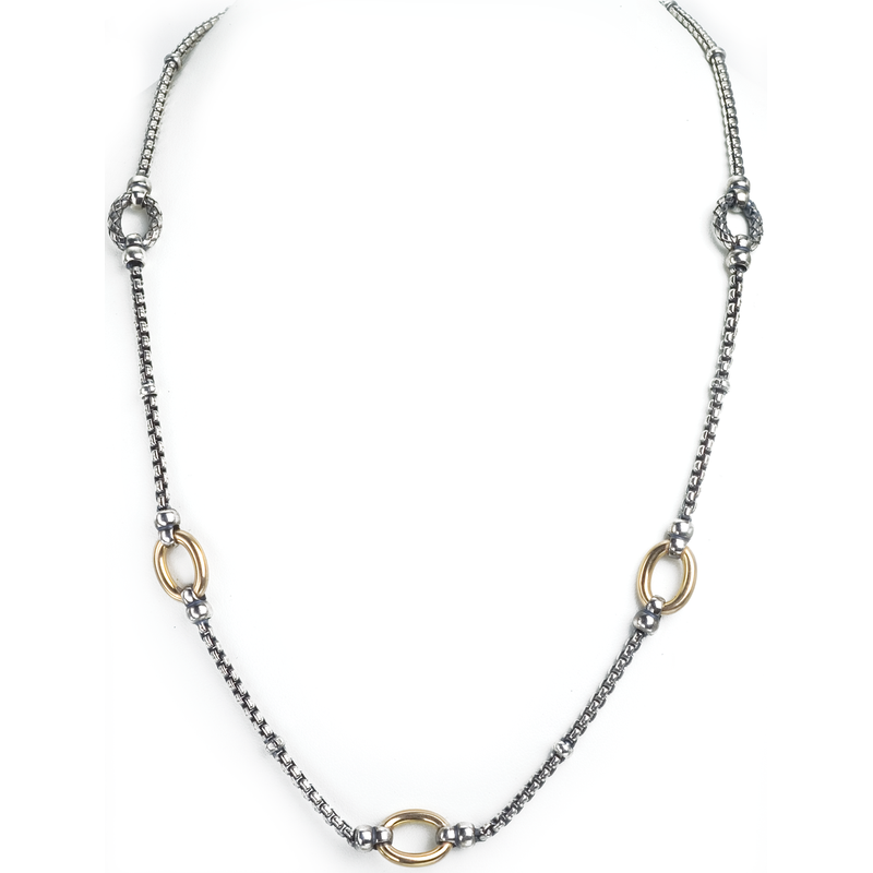 Alisa VHN 646 Sterling Box Chain with 2 Traversa Oval Links & 3 Shiny Yellow Gold Oval Links Necklace VHN 646