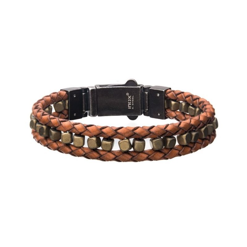 INOX Mens Single Brown Braided Leather Bracelet with Stainless Steel Clasp 8.5 inch Long 