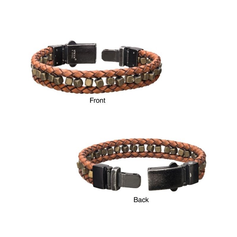 8.5 inch Long INOX Mens Single Brown Braided Leather Bracelet with Stainless Steel Clasp 