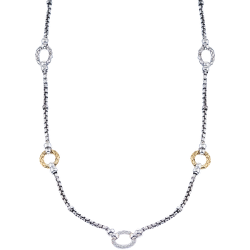 VHN 1238 D 4 Oval Sterling & Yellow Gold Station with 1 Oval Diamond Station in Center Box Chain Necklace VHN 1238 D