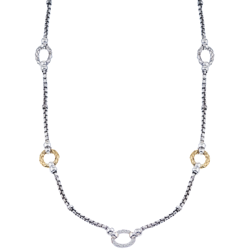 Alisa VHN 1238 D 4 Oval Sterling & Yellow Gold Station with 1 Oval Diamond Station in Center Box Chain Necklace VHN 1238 D