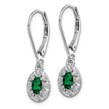 Sterling Silver Rhodium-plated Diamond/Lab Created Emerald Earrings