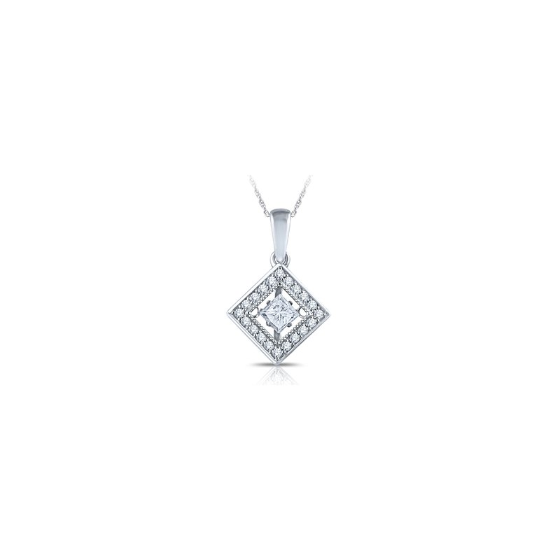 White gold, princess-shape pendant with twinkling round diamond 
