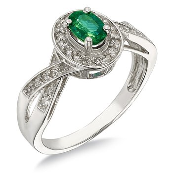 White gold, oval genuine emerald and diamond halo ring with crossed shank