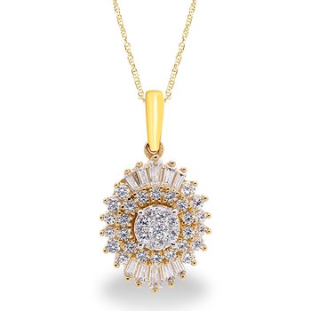 Ballerina-style yellow and white gold pendant with baguette and round diamonds