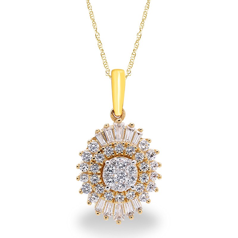 Ballerina-style yellow and white gold pendant with baguette and round diamonds