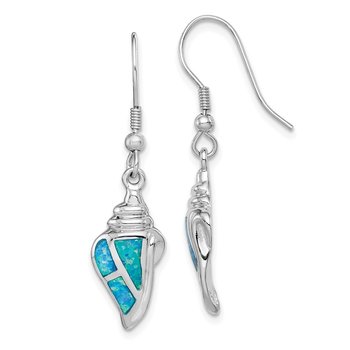 Sterling Silver Rhod-plated Created Blue Opal Seashell Dangle Earrings