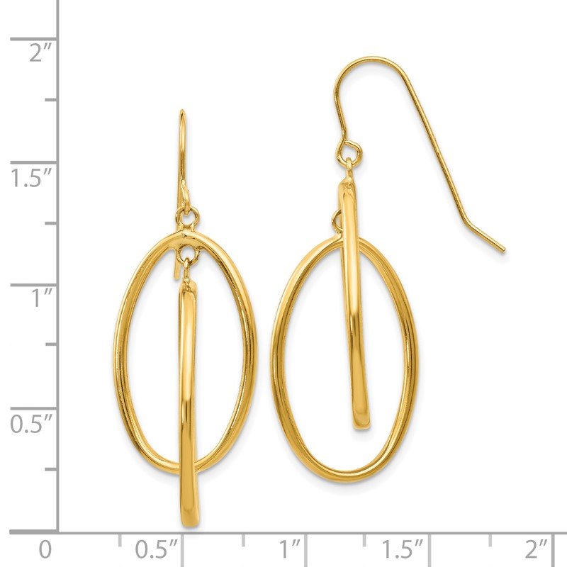 14K Yellow Gold Polished Double Circle Dangle Wire Earrings 