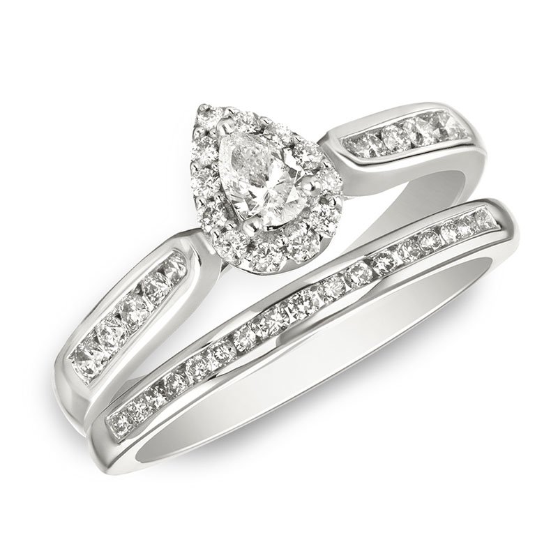White gold, pear shape and round diamond halo bridal set