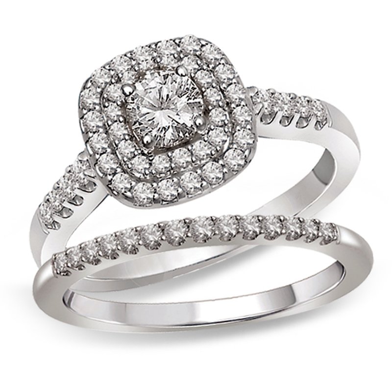 White gold, round double diamond halo bridal set