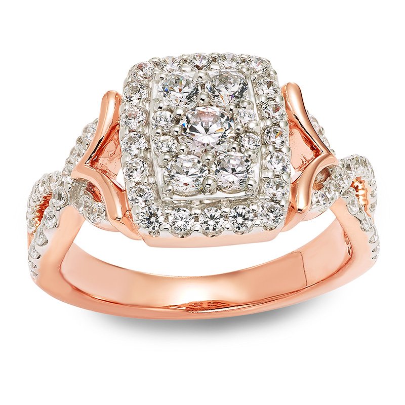 Rose gold and diamond halo ring with twisted shank