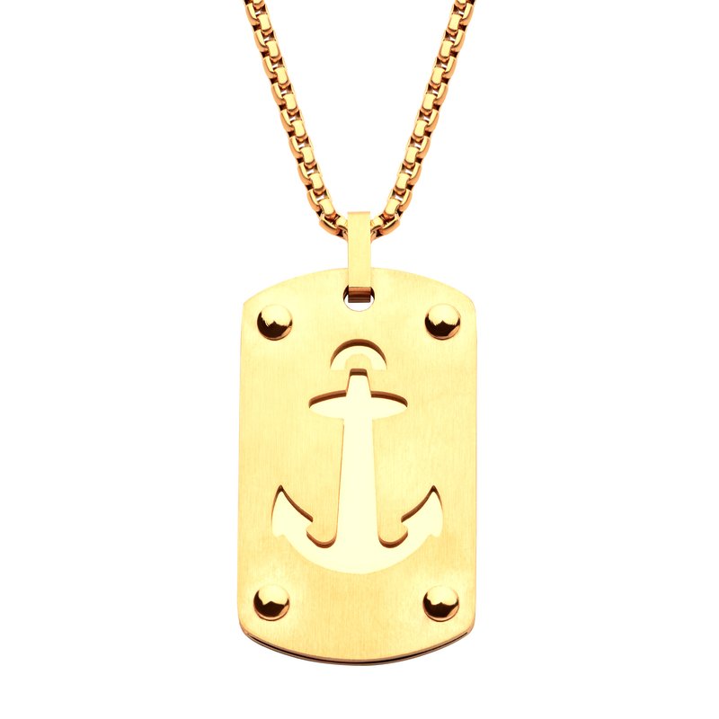 INOX Jewelry 18K Gold IP Etched Anchor Dog Tag Pendant with Box Chain