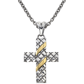 VHP 1476 Sterling Traversa Cross with 2 Yellow Gold Center Diagonal Stripes Pendant