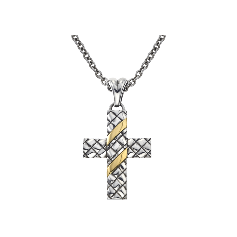 Alisa VHP 1476 Sterling Traversa Cross with 2 Yellow Gold Center Diagonal Stripes Pendant VHP 1476