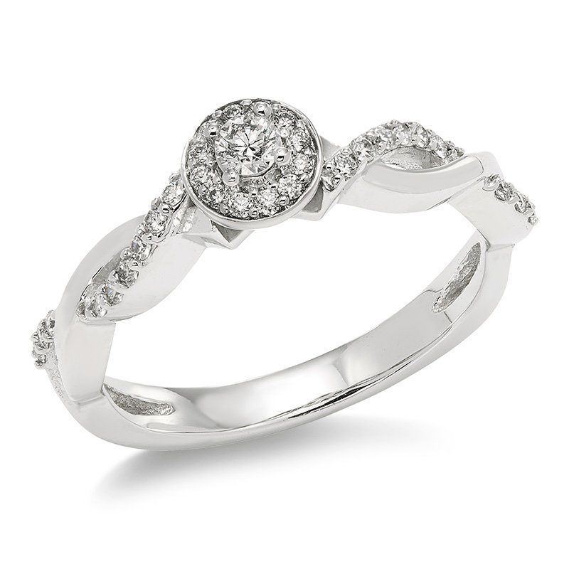 White gold, round diamond halo engagement ring