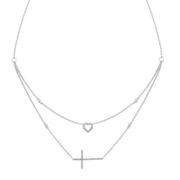 Diamond Cross & Heart Double Strand Layer Necklace in 14k Gold (1/5ctw)
