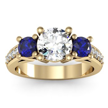 Three Stone Blue Sapphire Pave set Diamond Ring