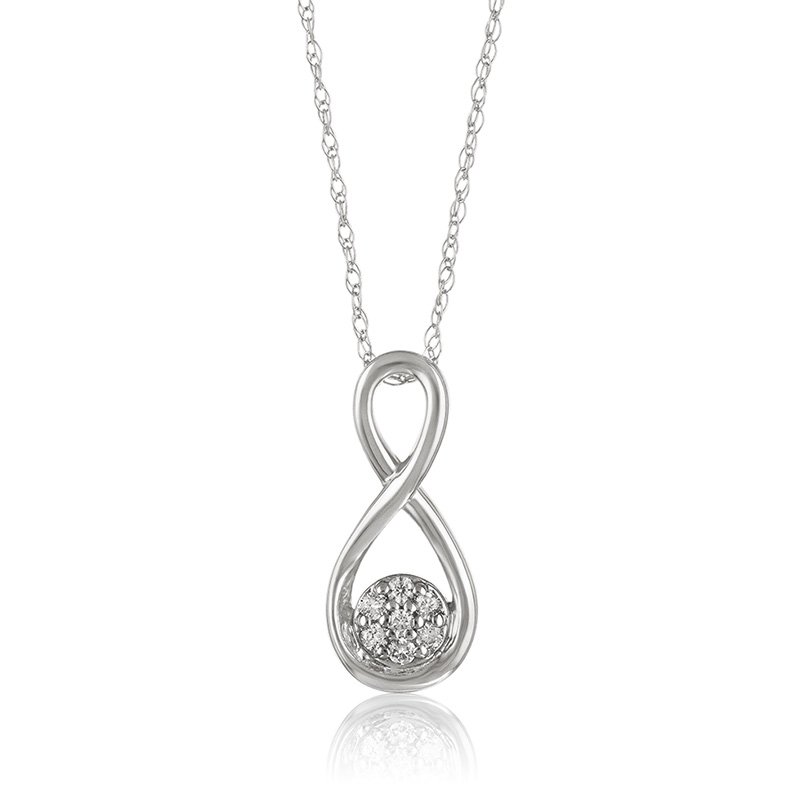 White gold, infinity shape, round diamond cluster pendant