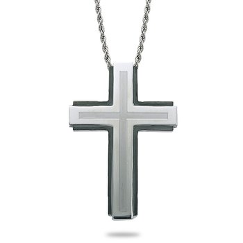 Stainless Steel inlay design with black accents cross pendant 
