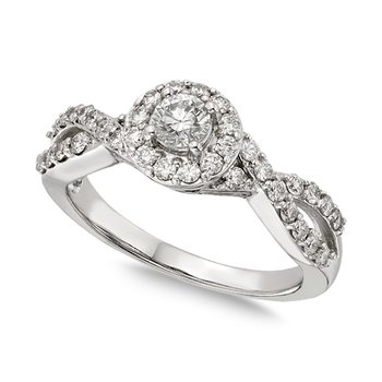 White gold, round diamond halo engagement ring with crossed shank