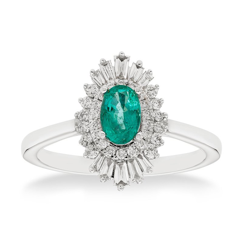 Ballerina-style white gold, emerald and diamond oval fashion ring