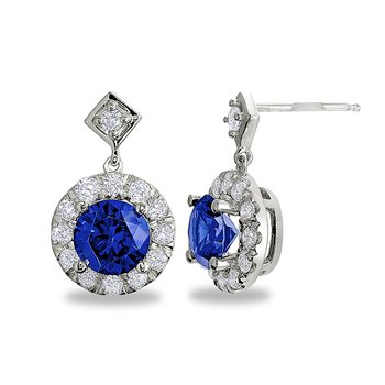 Sterling silver, cubic zirconia, and synthetic sapphire round earrings