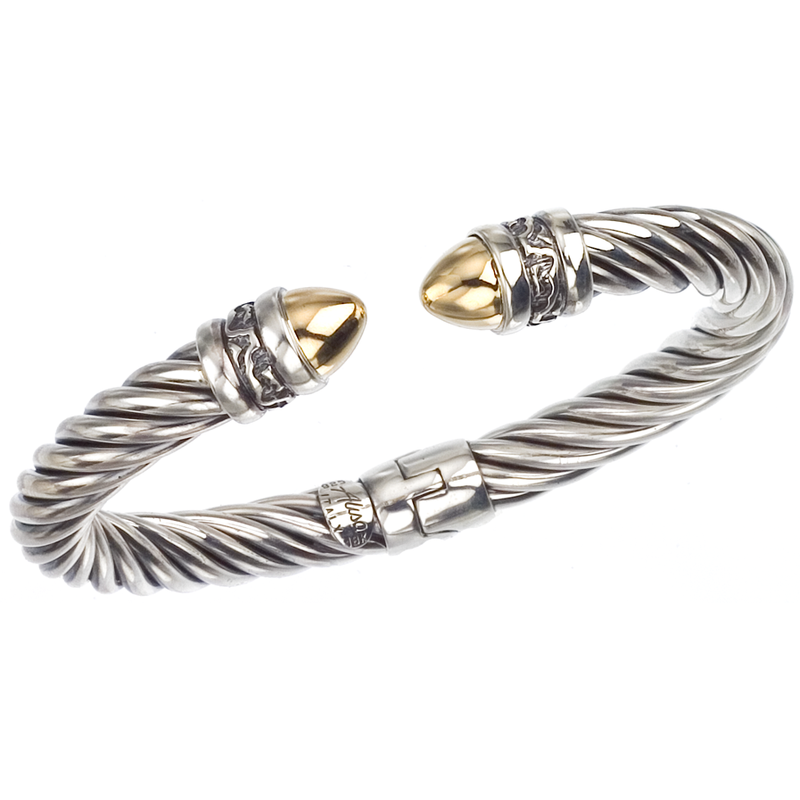 Alisa AO 12-927 Yellow Gold cabochons cabochons Twisted Cable Sterling Spring Cuff Bangle Bracelet AO 12-927