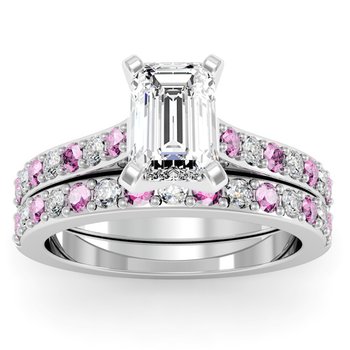Pave Pink Sapphire & Diamond Cathedral Engagement Ring with Matching Wedding Band