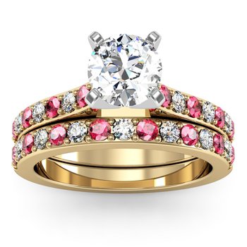 Pave Pink Sapphire & Diamond Cathedral Engagement Ring with Matching Wedding Band