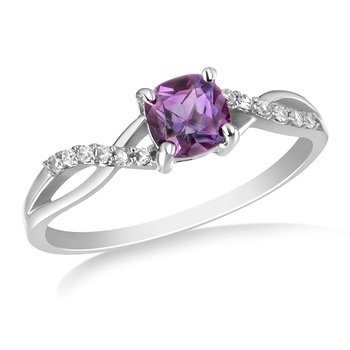 White gold, cushion-cut created alexandrite and diamond ring with split shank