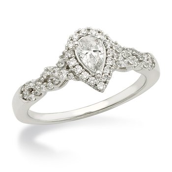 White gold, pear-shape diamond halo engagement ring