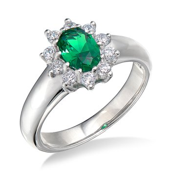 Sterling silver, cubic zirconia, and synthetic emerald oval fashion ring