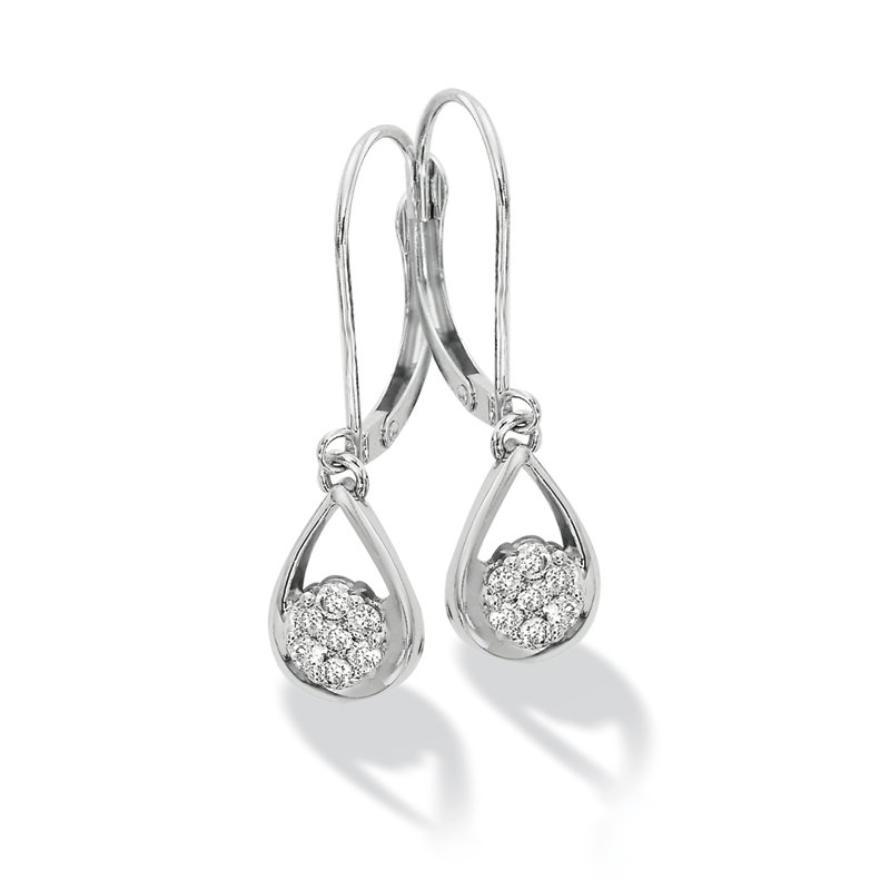 White gold, round diamond cluster dangle earrings