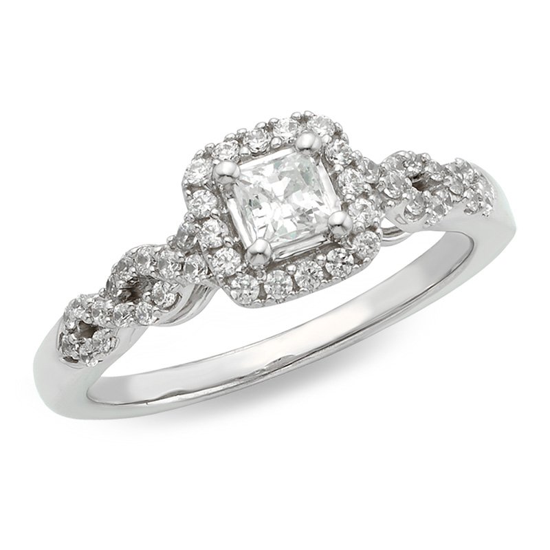 White gold and princess diamond halo engagement ring