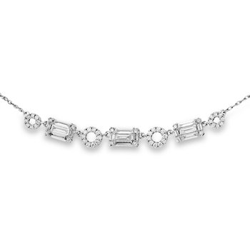 White gold, straight baguette and open diamond circles necklace