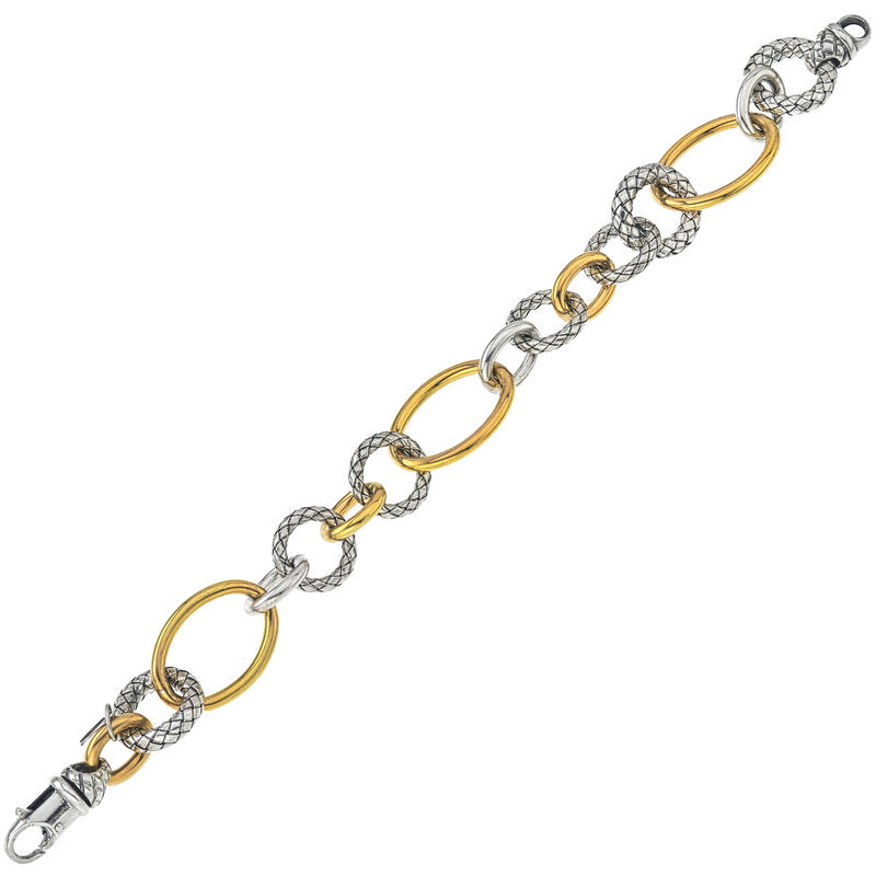 Alisa VHB 1461 Mixed Shape & Size Traversa & Shiny Sterling & Yellow Gold Link Bracelet